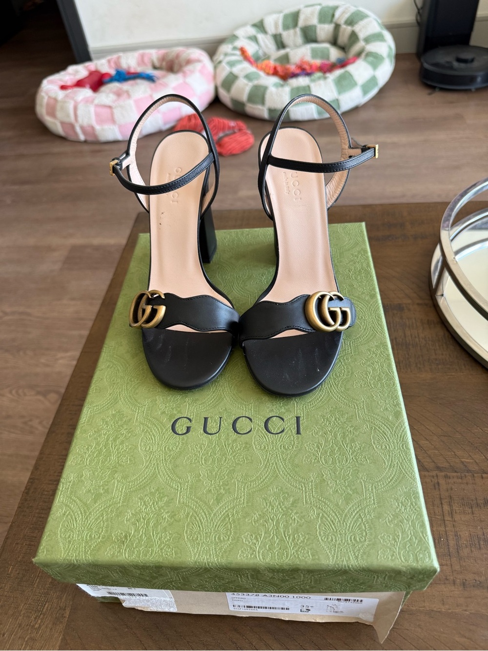 Gucci Black Leather Sandal Heels with Gold GG Buckle